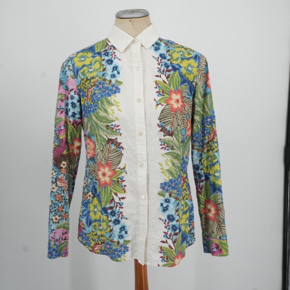 J.McLaughlin Button Front Shirt Womens XS White‎ Floral Bird Print Long Sleeve